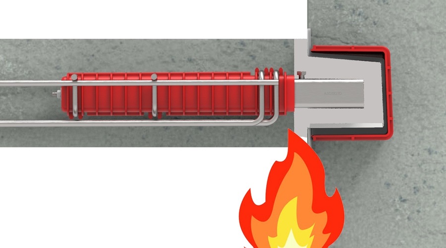 Illustrasjon av flammer mot trappeforbindelse.